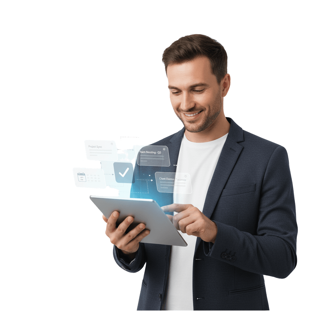 Smiling man using tablet